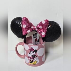 Minnie Mouse Sequin Ears with Xl Pink Mug Nwt